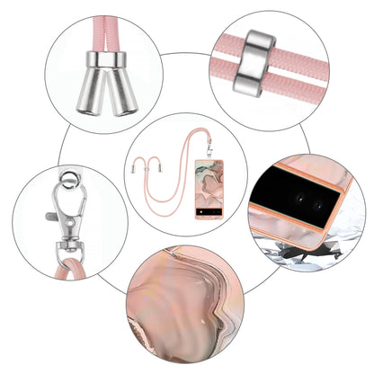 YB IMD Series-18 Style E for Google Pixel 6a Marble Pattern Slim Case Electroplating Frame 2.0mm Flexible TPU Phone Cover with Lanyard