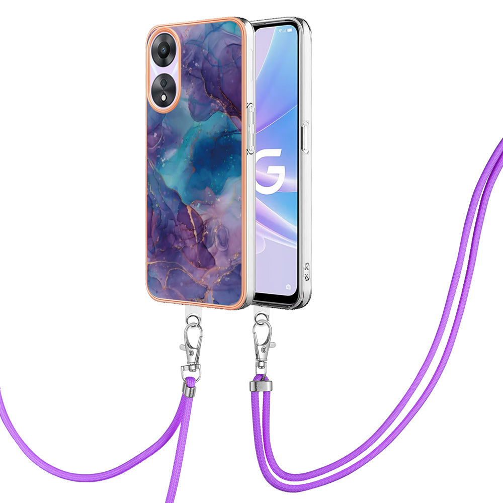 YB IMD Series-18 Style E for Oppo A78 5G / A58 5G Electroplating Phone Case 2.0mm TPU Marble Pattern Cover with Lanyard