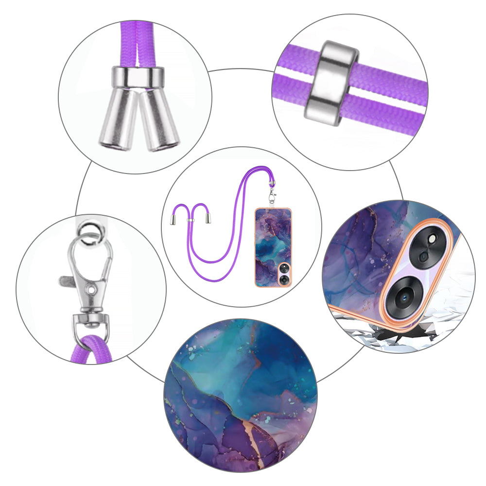 YB IMD Series-18 Style E for Oppo A78 5G / A58 5G Electroplating Phone Case 2.0mm TPU Marble Pattern Cover with Lanyard