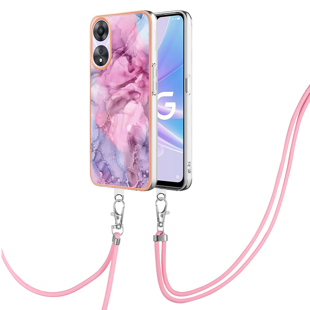 YB IMD Series-18 Style E for Oppo A78 5G / A58 5G Electroplating Phone Case 2.0mm TPU Marble Pattern Cover with Lanyard
