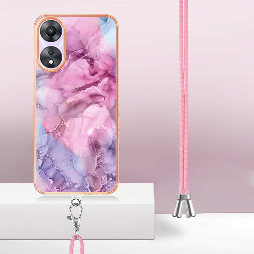 YB IMD Series-18 Style E for Oppo A78 5G / A58 5G Electroplating Phone Case 2.0mm TPU Marble Pattern Cover with Lanyard