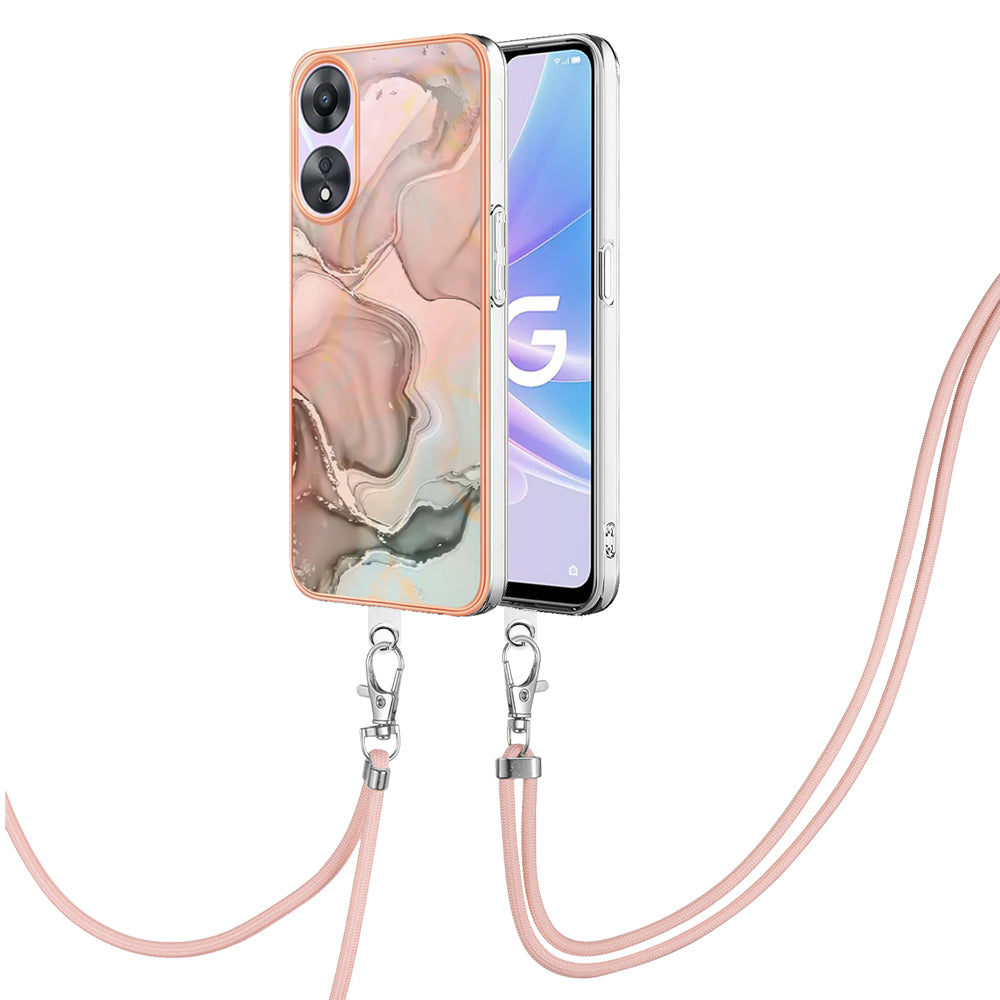 YB IMD Series-18 Style E for Oppo A78 5G / A58 5G Electroplating Phone Case 2.0mm TPU Marble Pattern Cover with Lanyard