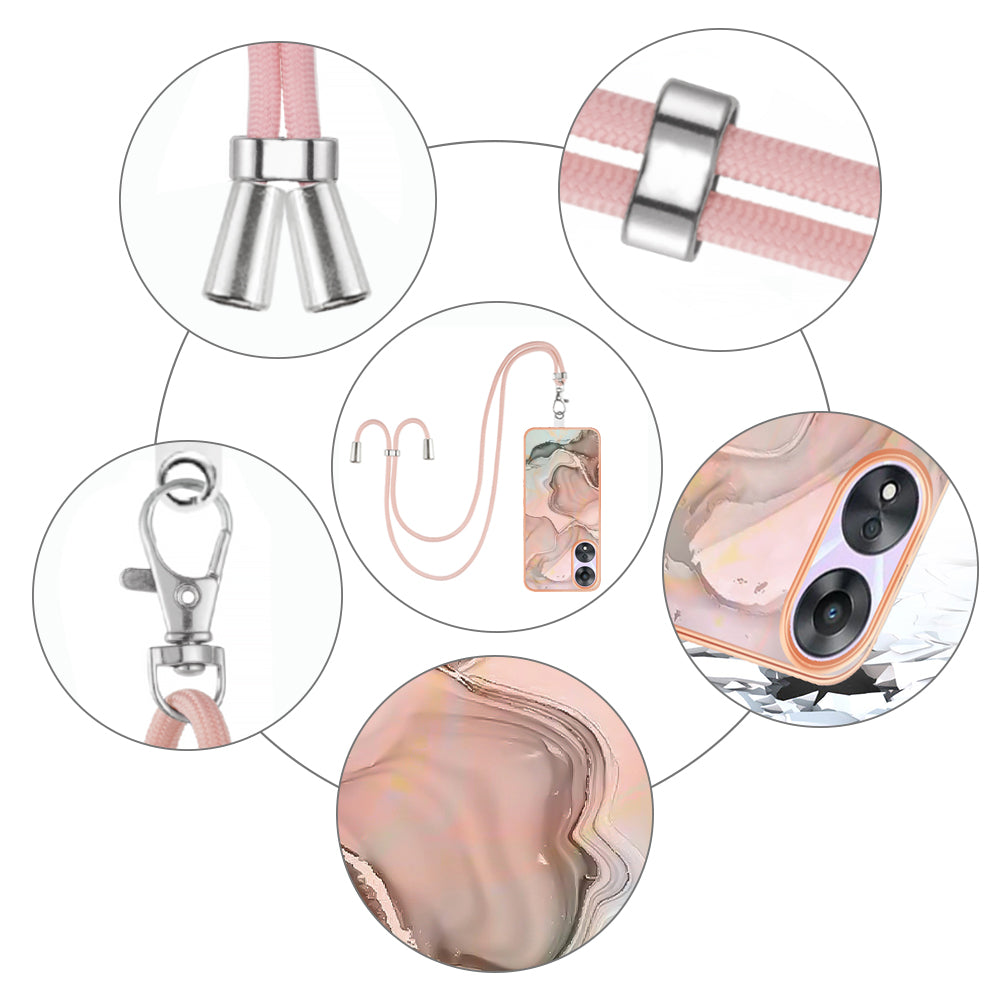 YB IMD Series-18 Style E for Oppo A78 5G / A58 5G Electroplating Phone Case 2.0mm TPU Marble Pattern Cover with Lanyard