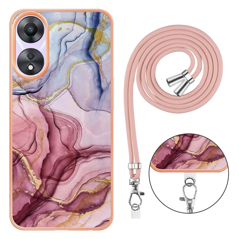 YB IMD Series-18 Style E for Oppo A78 5G / A58 5G Electroplating Phone Case 2.0mm TPU Marble Pattern Cover with Lanyard