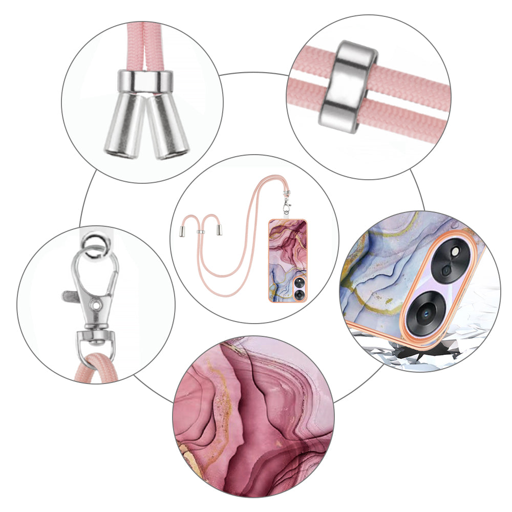 YB IMD Series-18 Style E for Oppo A78 5G / A58 5G Electroplating Phone Case 2.0mm TPU Marble Pattern Cover with Lanyard