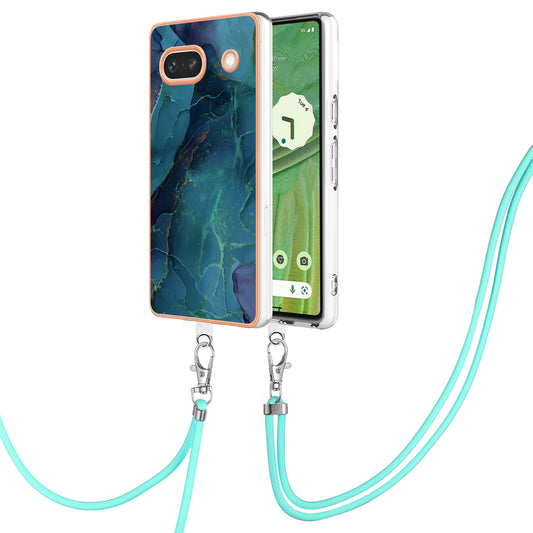 YB IMD Series-18 Style E for Google Pixel 7a Marble Pattern Electroplating Case 2.0mm TPU Shock Absorbing Phone Cover with Lanyard