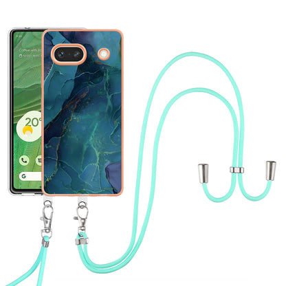 YB IMD Series-18 Style E for Google Pixel 7a Marble Pattern Electroplating Case 2.0mm TPU Shock Absorbing Phone Cover with Lanyard