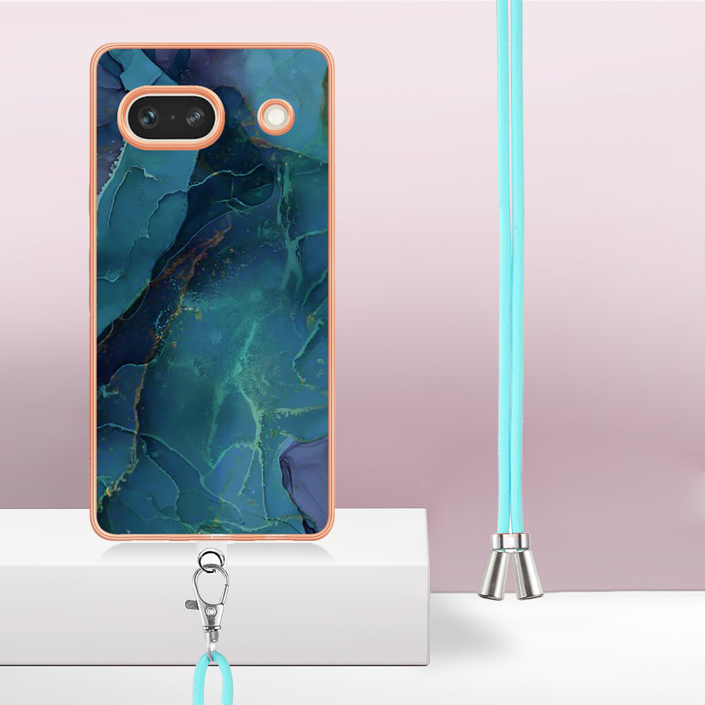 YB IMD Series-18 Style E for Google Pixel 7a Marble Pattern Electroplating Case 2.0mm TPU Shock Absorbing Phone Cover with Lanyard