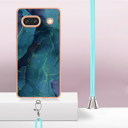 YB IMD Series-18 Style E for Google Pixel 7a Marble Pattern Electroplating Case 2.0mm TPU Shock Absorbing Phone Cover with Lanyard