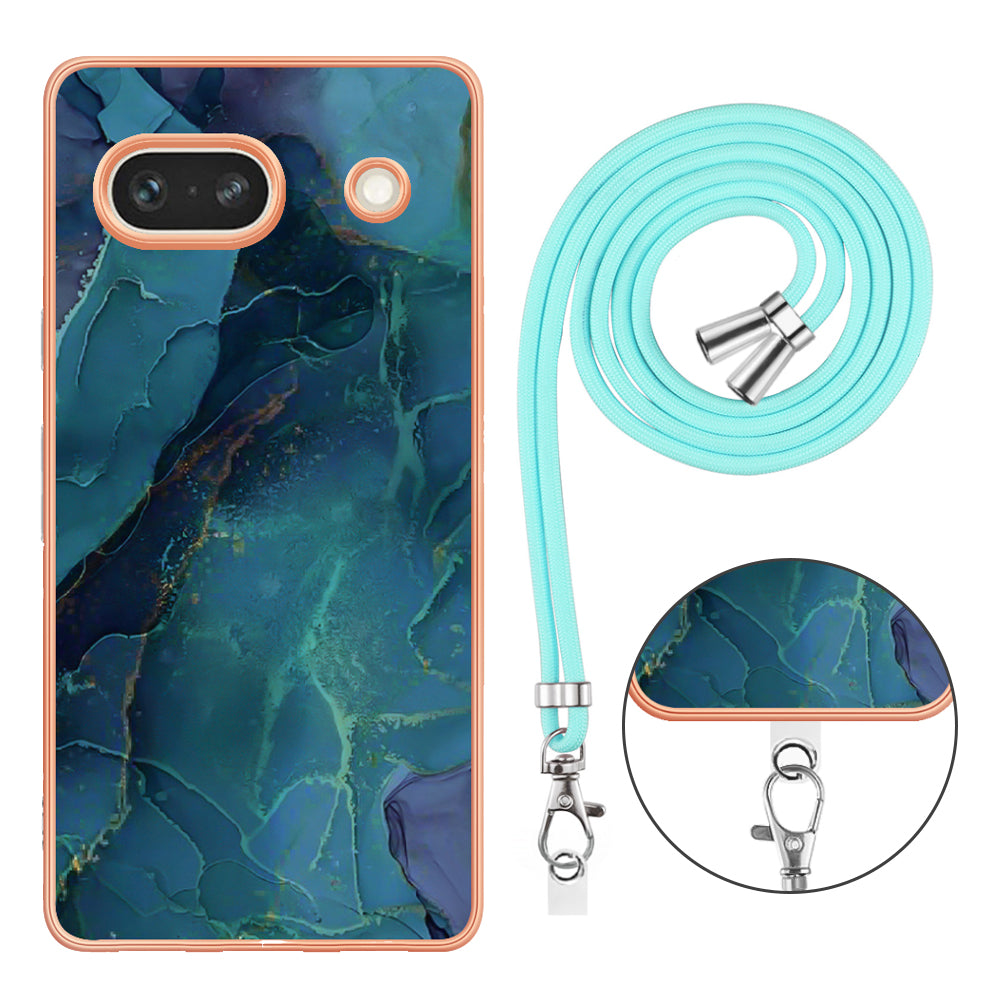 YB IMD Series-18 Style E for Google Pixel 7a Marble Pattern Electroplating Case 2.0mm TPU Shock Absorbing Phone Cover with Lanyard