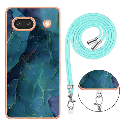 YB IMD Series-18 Style E for Google Pixel 7a Marble Pattern Electroplating Case 2.0mm TPU Shock Absorbing Phone Cover with Lanyard