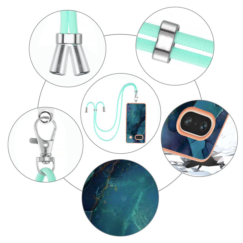 YB IMD Series-18 Style E for Google Pixel 7a Marble Pattern Electroplating Case 2.0mm TPU Shock Absorbing Phone Cover with Lanyard