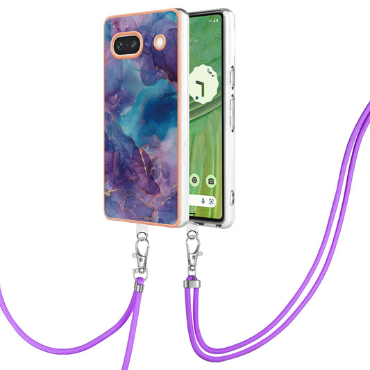 YB IMD Series-18 Style E for Google Pixel 7a Marble Pattern Electroplating Case 2.0mm TPU Shock Absorbing Phone Cover with Lanyard