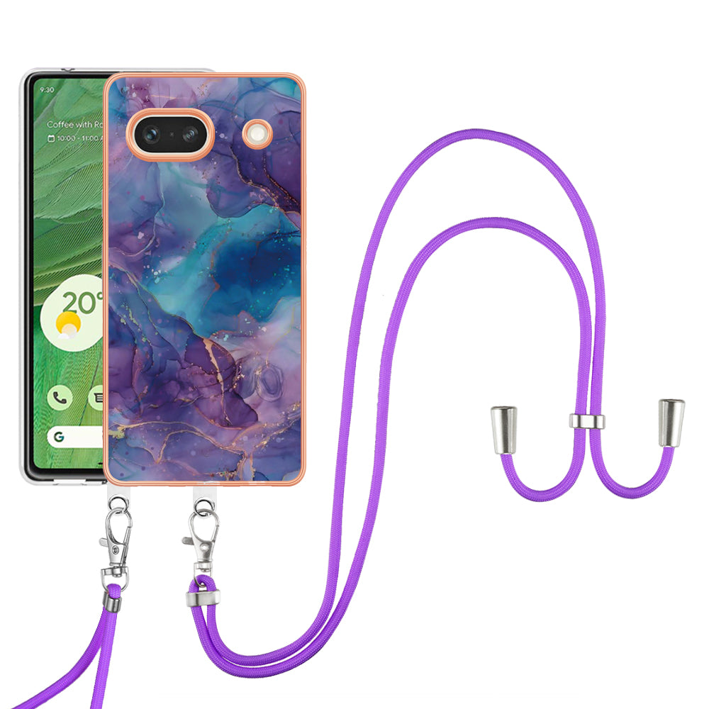 YB IMD Series-18 Style E for Google Pixel 7a Marble Pattern Electroplating Case 2.0mm TPU Shock Absorbing Phone Cover with Lanyard