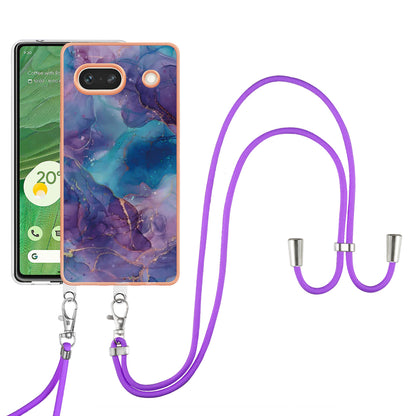 YB IMD Series-18 Style E for Google Pixel 7a Marble Pattern Electroplating Case 2.0mm TPU Shock Absorbing Phone Cover with Lanyard