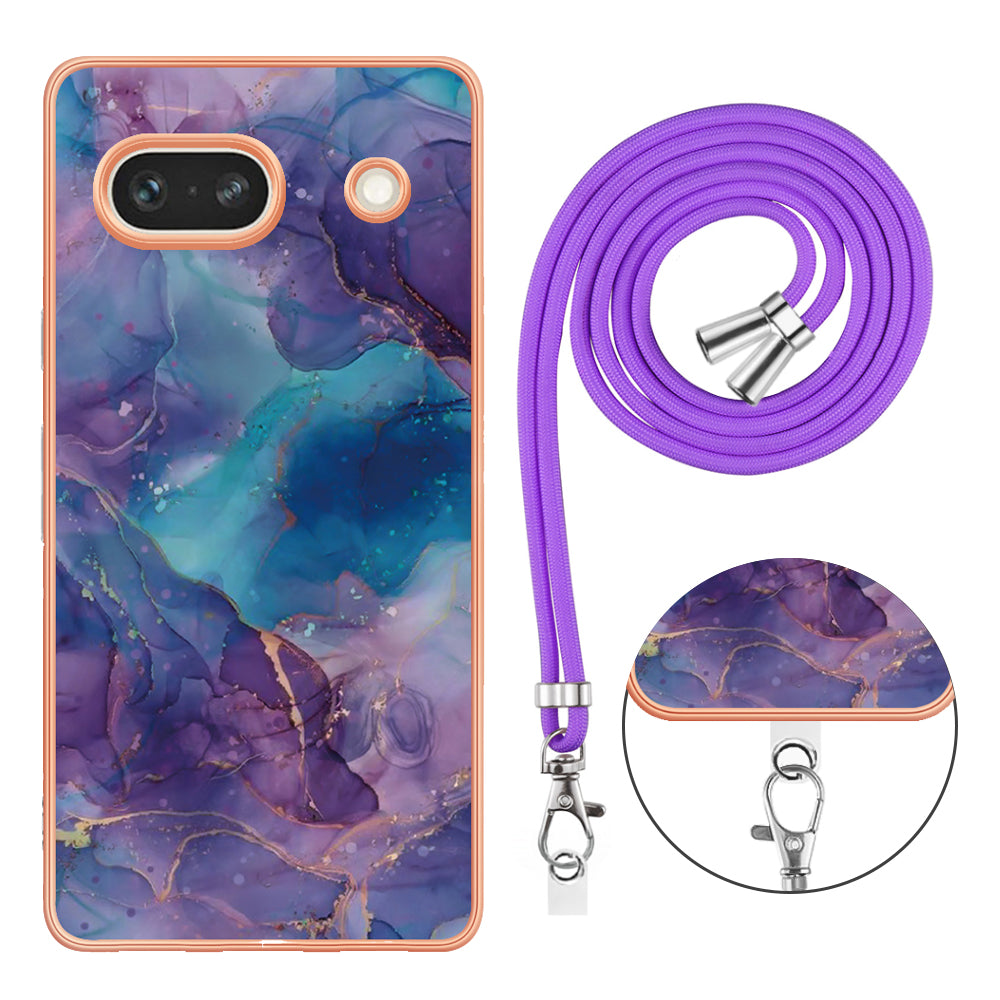 YB IMD Series-18 Style E for Google Pixel 7a Marble Pattern Electroplating Case 2.0mm TPU Shock Absorbing Phone Cover with Lanyard
