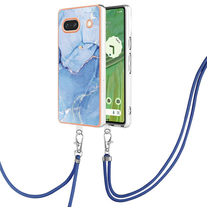 YB IMD Series-18 Style E for Google Pixel 7a Marble Pattern Electroplating Case 2.0mm TPU Shock Absorbing Phone Cover with Lanyard