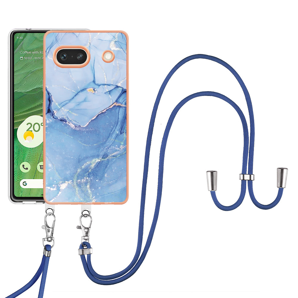 YB IMD Series-18 Style E for Google Pixel 7a Marble Pattern Electroplating Case 2.0mm TPU Shock Absorbing Phone Cover with Lanyard