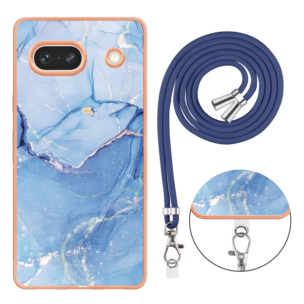 YB IMD Series-18 Style E for Google Pixel 7a Marble Pattern Electroplating Case 2.0mm TPU Shock Absorbing Phone Cover with Lanyard