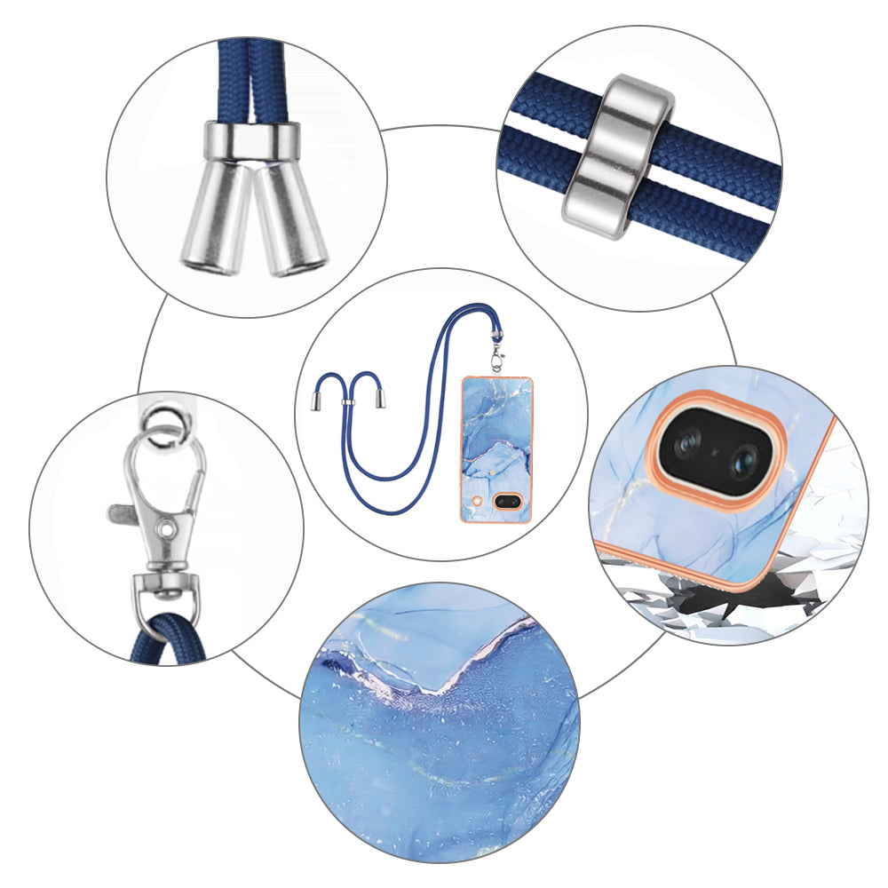 YB IMD Series-18 Style E for Google Pixel 7a Marble Pattern Electroplating Case 2.0mm TPU Shock Absorbing Phone Cover with Lanyard