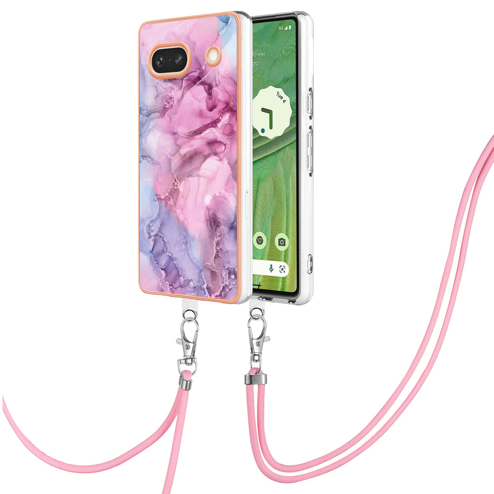 YB IMD Series-18 Style E for Google Pixel 7a Marble Pattern Electroplating Case 2.0mm TPU Shock Absorbing Phone Cover with Lanyard