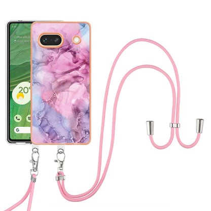 YB IMD Series-18 Style E for Google Pixel 7a Marble Pattern Electroplating Case 2.0mm TPU Shock Absorbing Phone Cover with Lanyard
