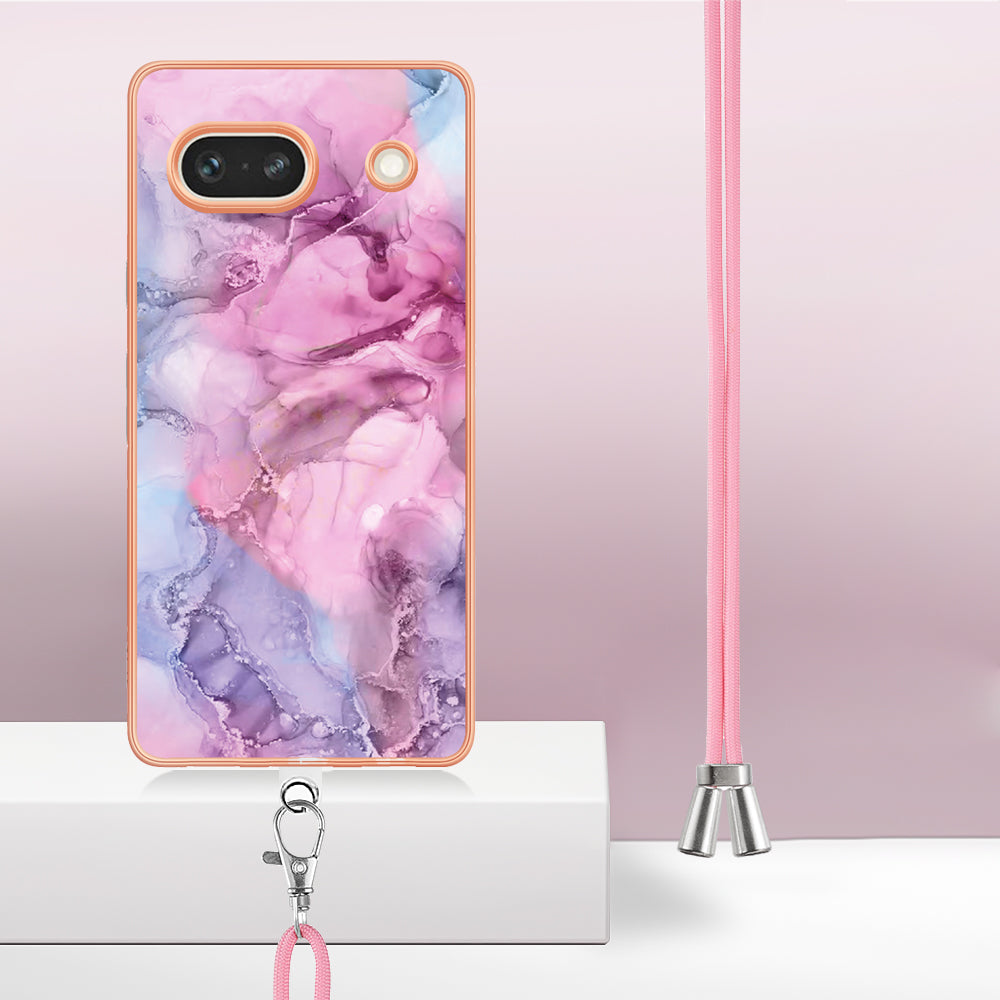 YB IMD Series-18 Style E for Google Pixel 7a Marble Pattern Electroplating Case 2.0mm TPU Shock Absorbing Phone Cover with Lanyard