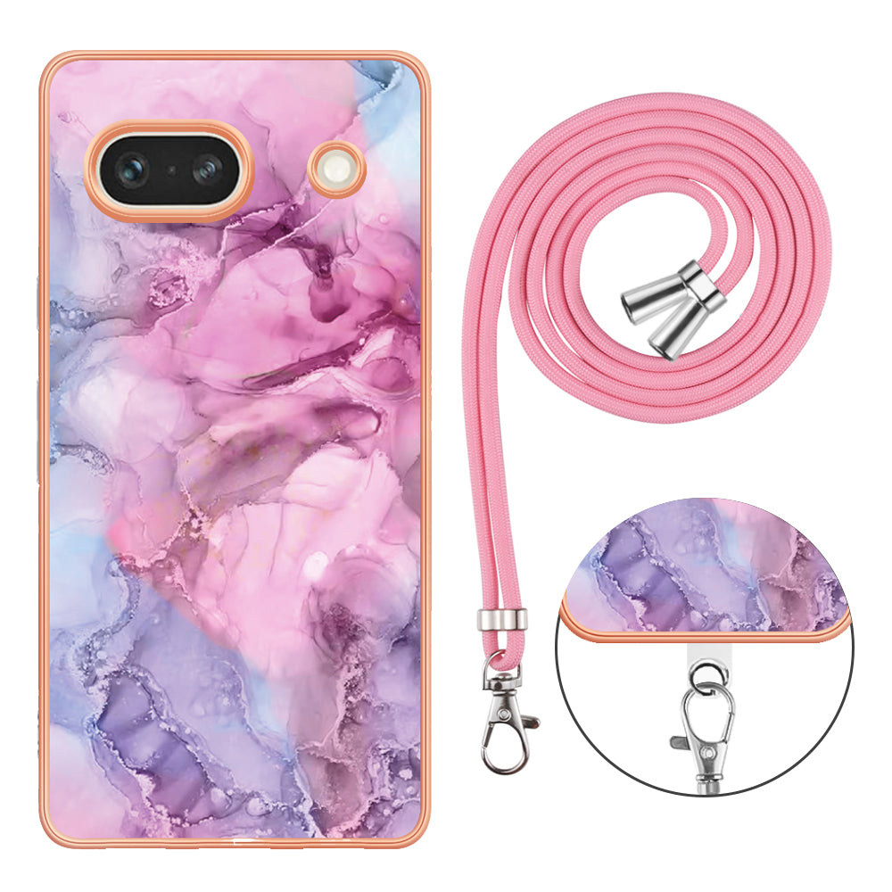 YB IMD Series-18 Style E for Google Pixel 7a Marble Pattern Electroplating Case 2.0mm TPU Shock Absorbing Phone Cover with Lanyard