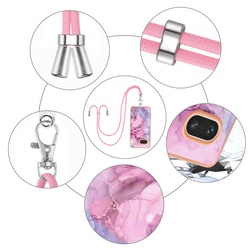 YB IMD Series-18 Style E for Google Pixel 7a Marble Pattern Electroplating Case 2.0mm TPU Shock Absorbing Phone Cover with Lanyard