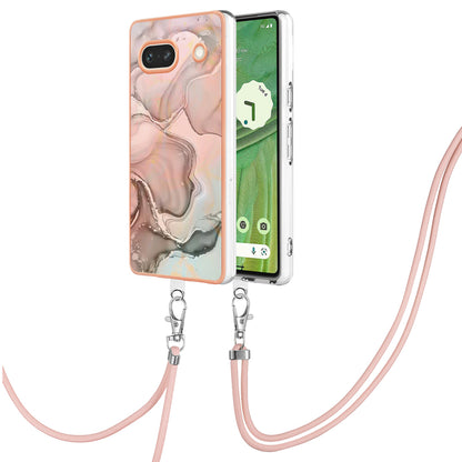 YB IMD Series-18 Style E for Google Pixel 7a Marble Pattern Electroplating Case 2.0mm TPU Shock Absorbing Phone Cover with Lanyard