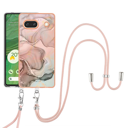 YB IMD Series-18 Style E for Google Pixel 7a Marble Pattern Electroplating Case 2.0mm TPU Shock Absorbing Phone Cover with Lanyard