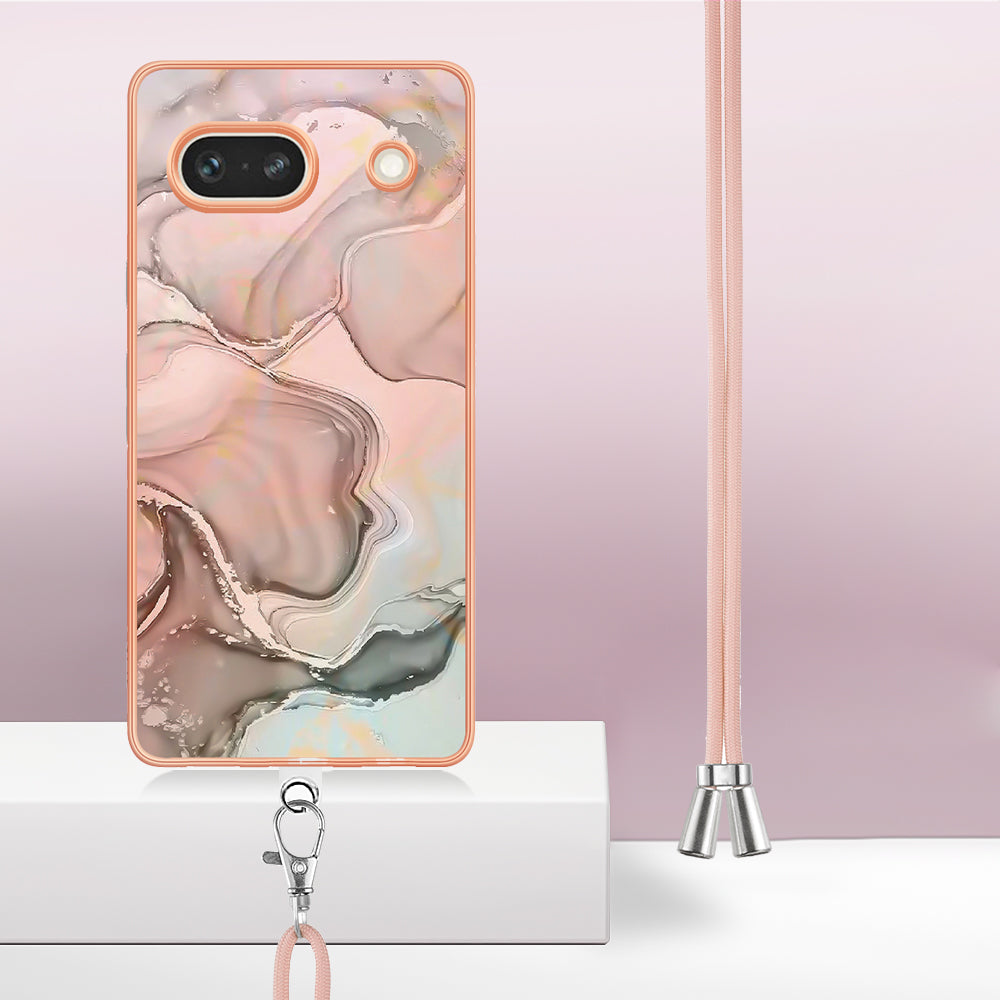 YB IMD Series-18 Style E for Google Pixel 7a Marble Pattern Electroplating Case 2.0mm TPU Shock Absorbing Phone Cover with Lanyard