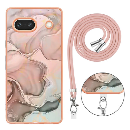YB IMD Series-18 Style E for Google Pixel 7a Marble Pattern Electroplating Case 2.0mm TPU Shock Absorbing Phone Cover with Lanyard