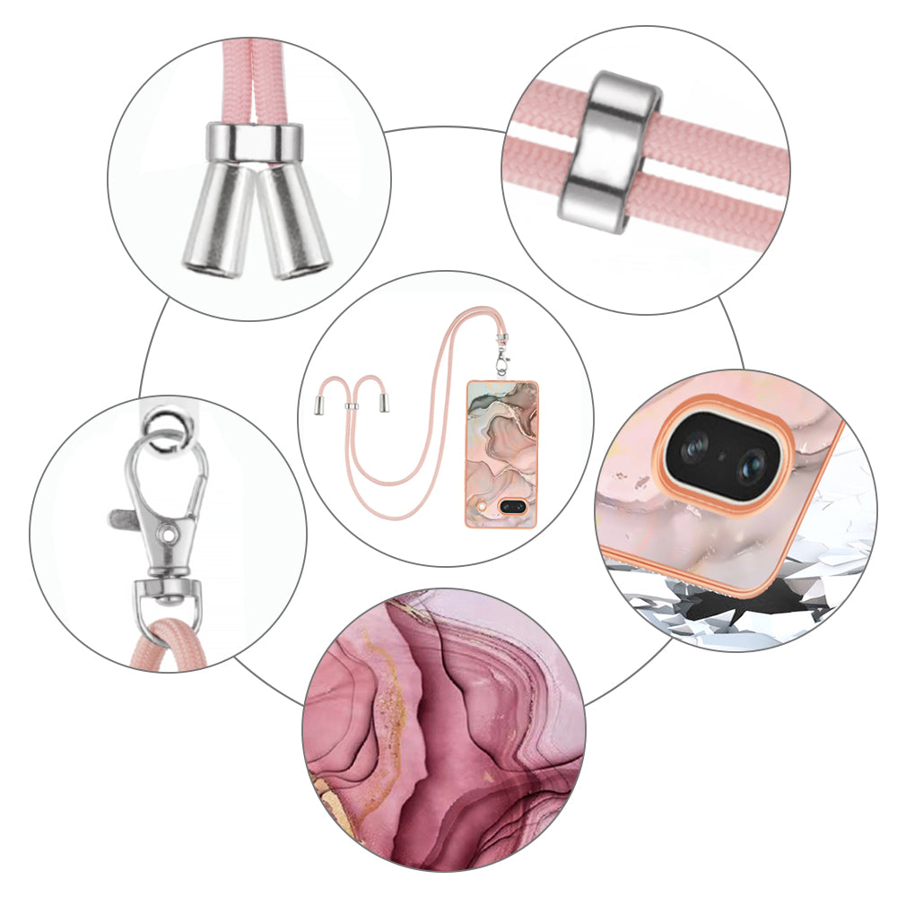 YB IMD Series-18 Style E for Google Pixel 7a Marble Pattern Electroplating Case 2.0mm TPU Shock Absorbing Phone Cover with Lanyard