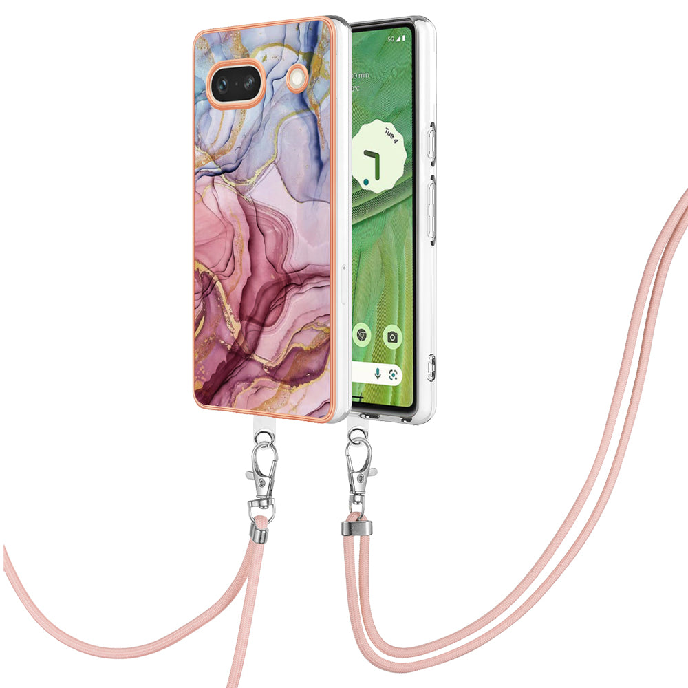 YB IMD Series-18 Style E for Google Pixel 7a Marble Pattern Electroplating Case 2.0mm TPU Shock Absorbing Phone Cover with Lanyard