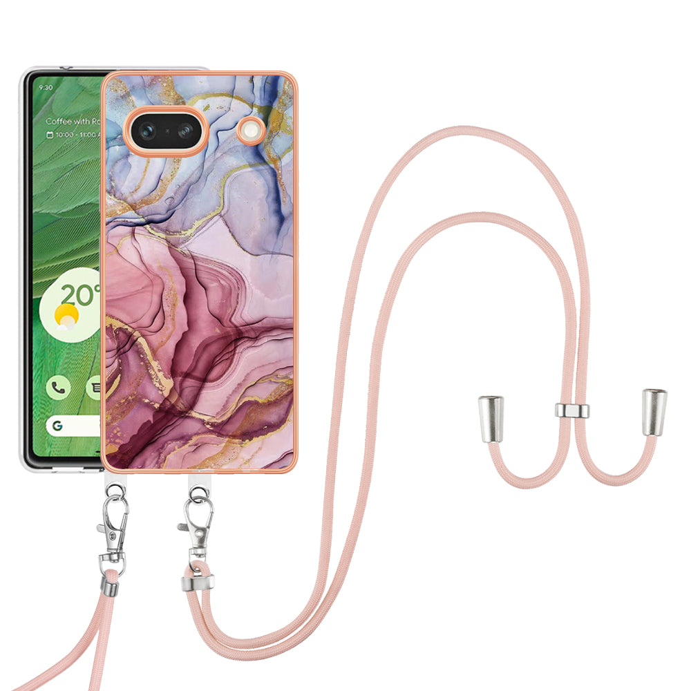 YB IMD Series-18 Style E for Google Pixel 7a Marble Pattern Electroplating Case 2.0mm TPU Shock Absorbing Phone Cover with Lanyard