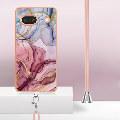 YB IMD Series-18 Style E for Google Pixel 7a Marble Pattern Electroplating Case 2.0mm TPU Shock Absorbing Phone Cover with Lanyard