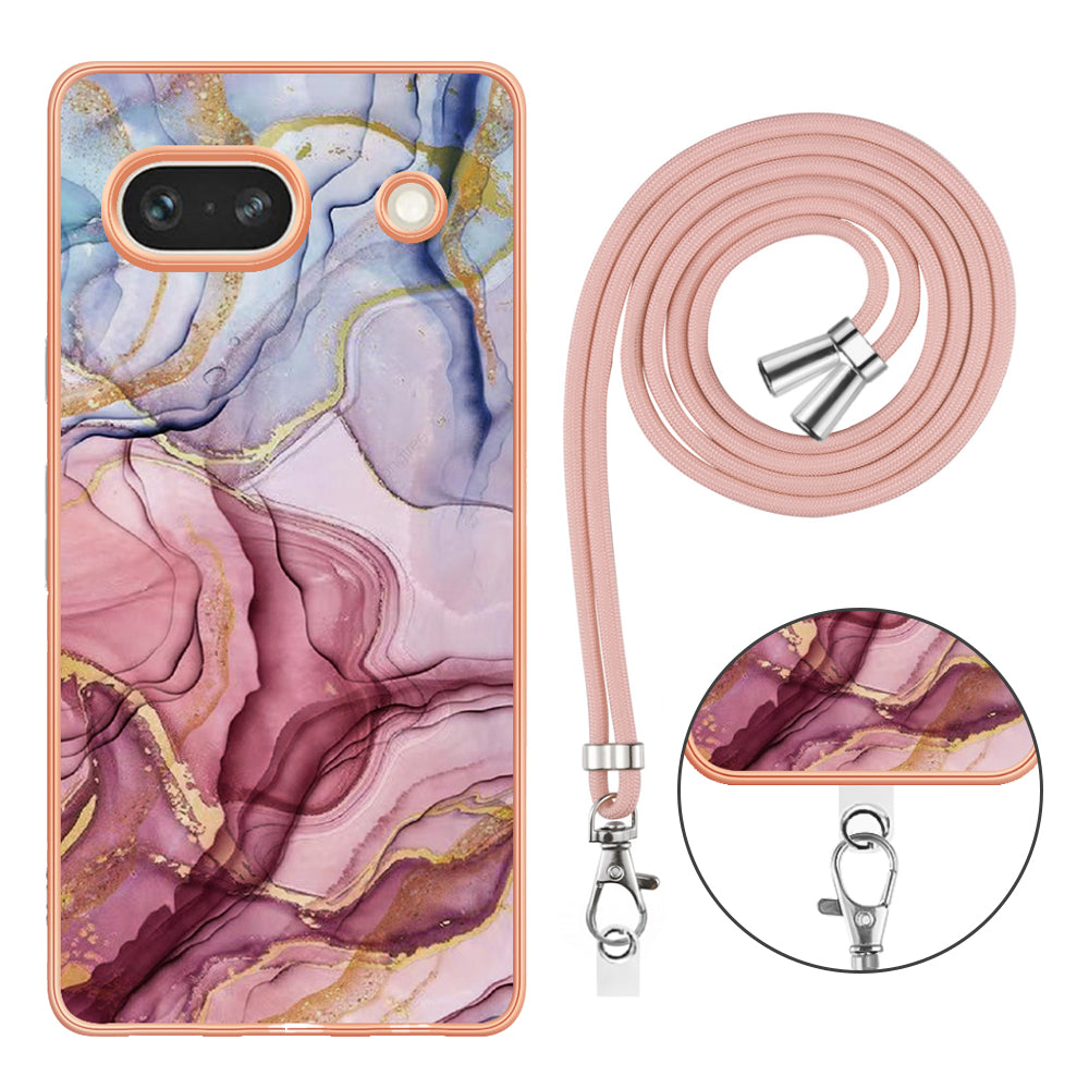 YB IMD Series-18 Style E for Google Pixel 7a Marble Pattern Electroplating Case 2.0mm TPU Shock Absorbing Phone Cover with Lanyard