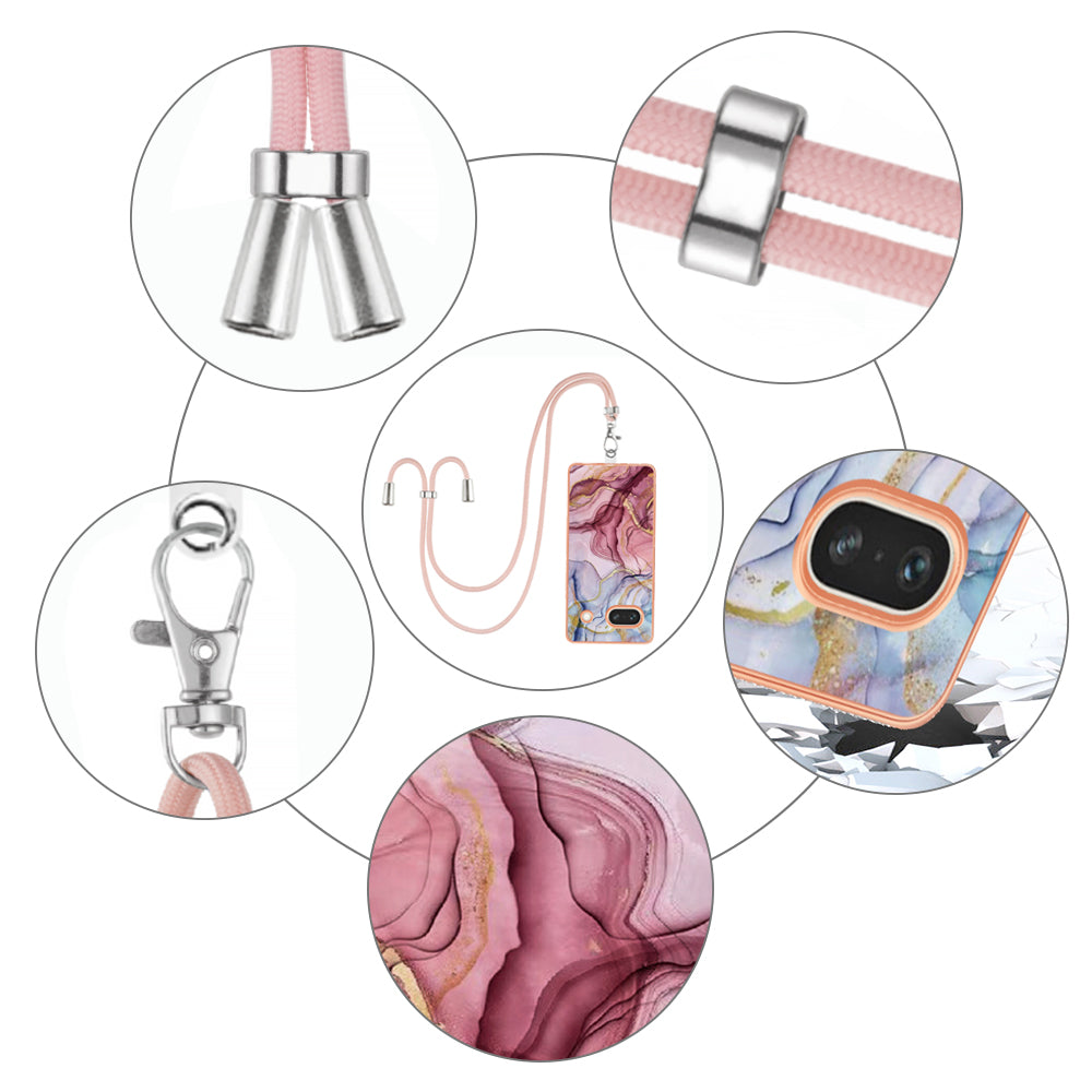 YB IMD Series-18 Style E for Google Pixel 7a Marble Pattern Electroplating Case 2.0mm TPU Shock Absorbing Phone Cover with Lanyard