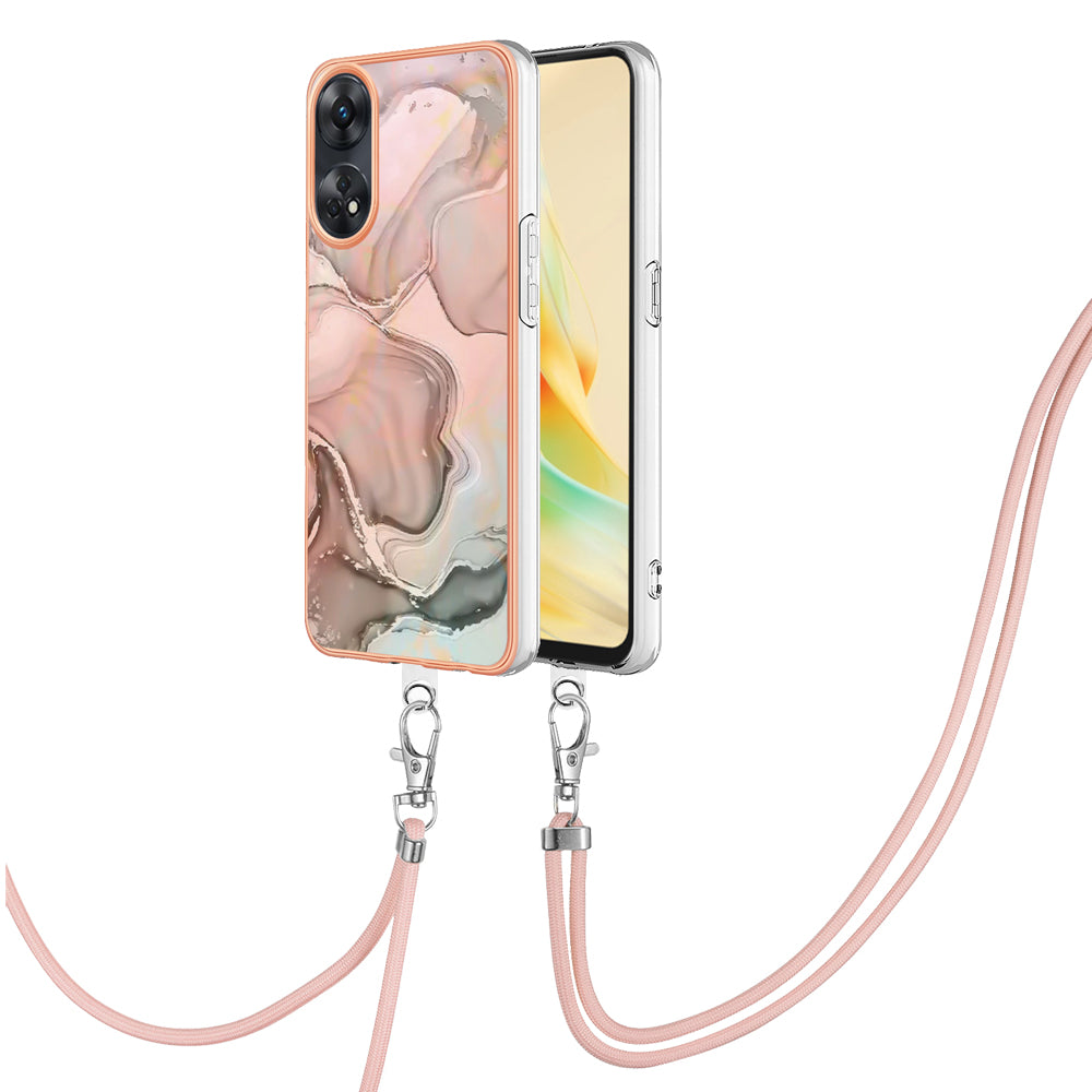 YB IMD Series-18 Style E for Oppo Reno8 T 4G Marble Pattern Design Phone Case Electroplating 2.0mm TPU IMD Phone Cover with Lanyard