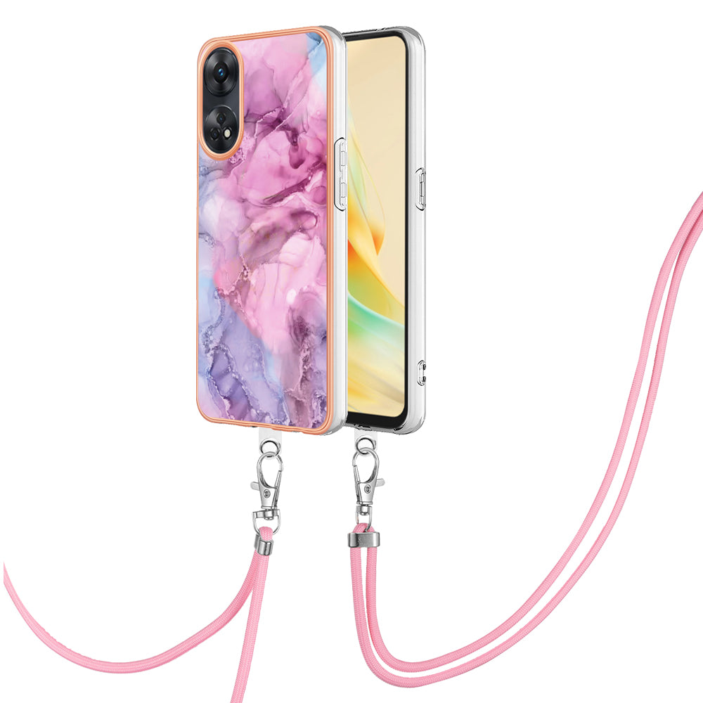 YB IMD Series-18 Style E for Oppo Reno8 T 4G Marble Pattern Design Phone Case Electroplating 2.0mm TPU IMD Phone Cover with Lanyard