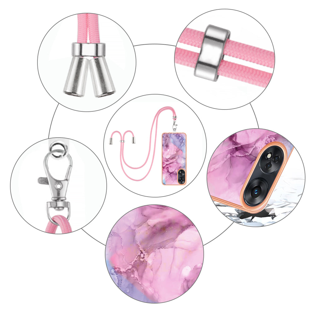 YB IMD Series-18 Style E for Oppo Reno8 T 4G Marble Pattern Design Phone Case Electroplating 2.0mm TPU IMD Phone Cover with Lanyard