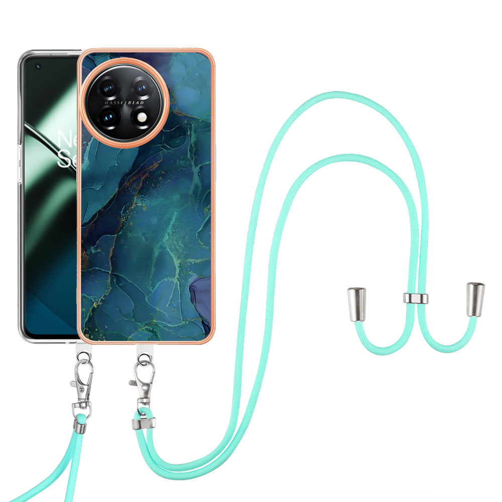 YB IMD Series-18 Style E for OnePlus 11 5G Flexible TPU Case Marble Pattern 2.0mm Electroplating Phone Cover with Lanyard