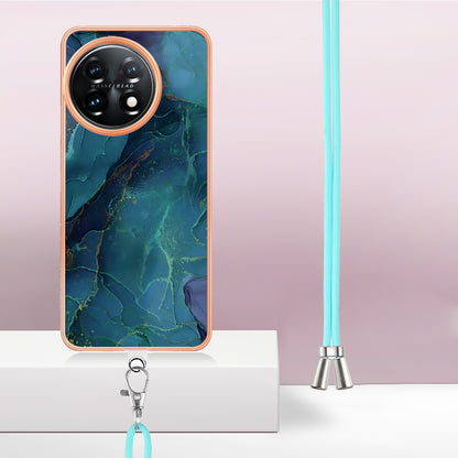 YB IMD Series-18 Style E for OnePlus 11 5G Flexible TPU Case Marble Pattern 2.0mm Electroplating Phone Cover with Lanyard