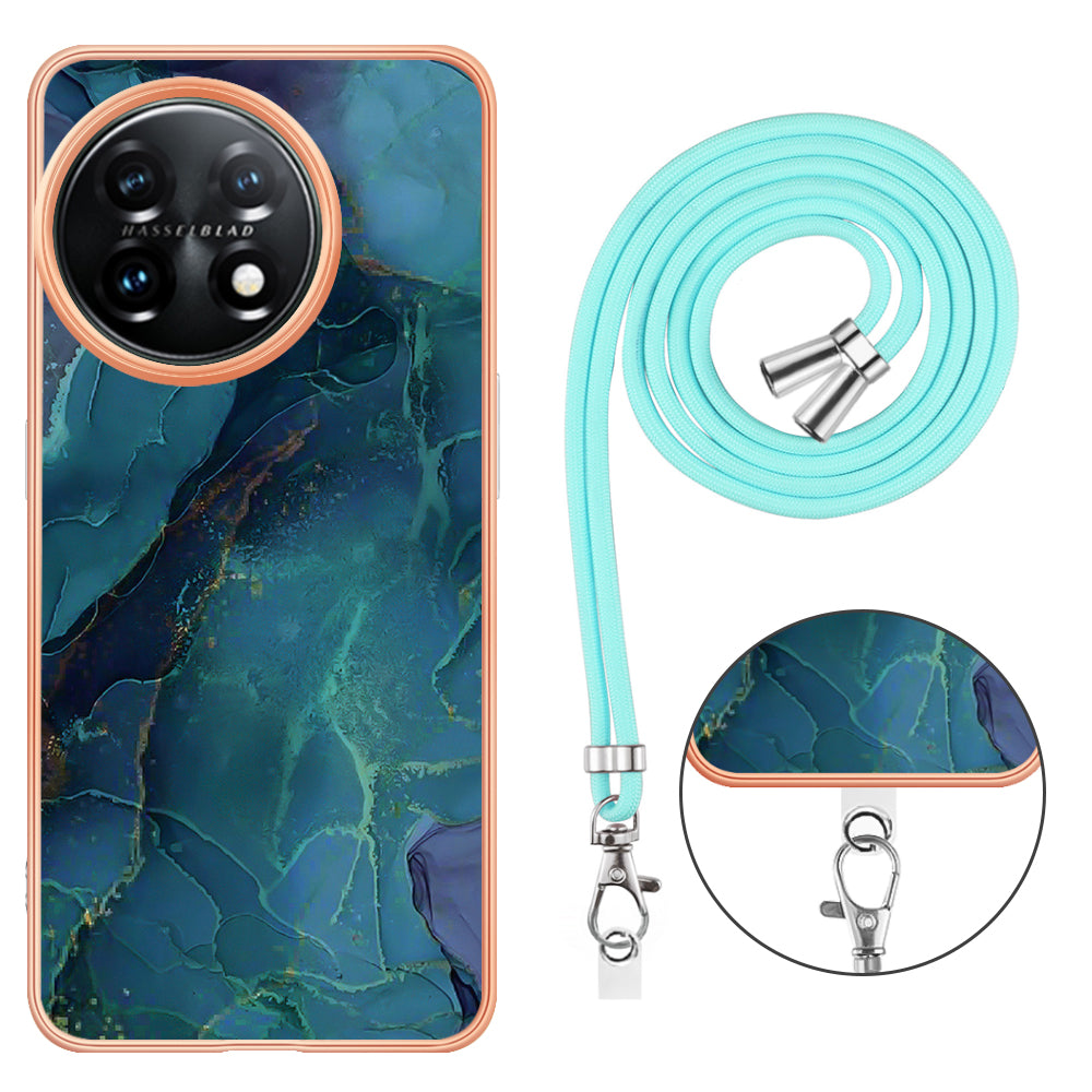 YB IMD Series-18 Style E for OnePlus 11 5G Flexible TPU Case Marble Pattern 2.0mm Electroplating Phone Cover with Lanyard