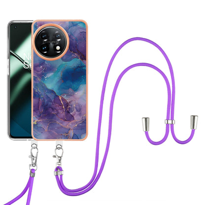 YB IMD Series-18 Style E for OnePlus 11 5G Flexible TPU Case Marble Pattern 2.0mm Electroplating Phone Cover with Lanyard
