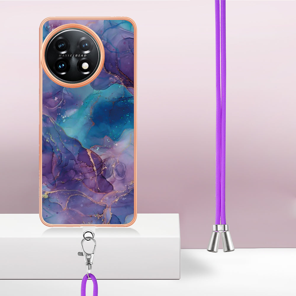 YB IMD Series-18 Style E for OnePlus 11 5G Flexible TPU Case Marble Pattern 2.0mm Electroplating Phone Cover with Lanyard
