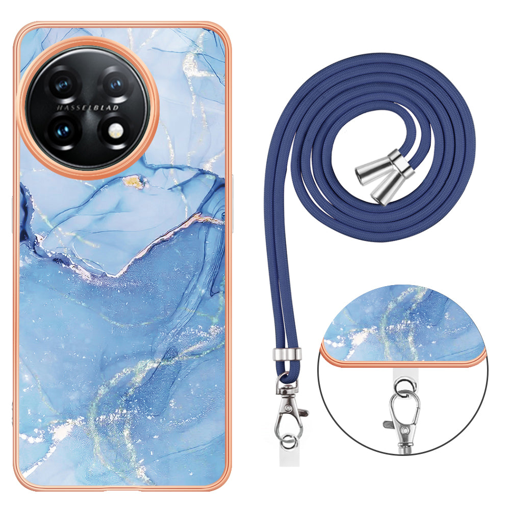 YB IMD Series-18 Style E for OnePlus 11 5G Flexible TPU Case Marble Pattern 2.0mm Electroplating Phone Cover with Lanyard