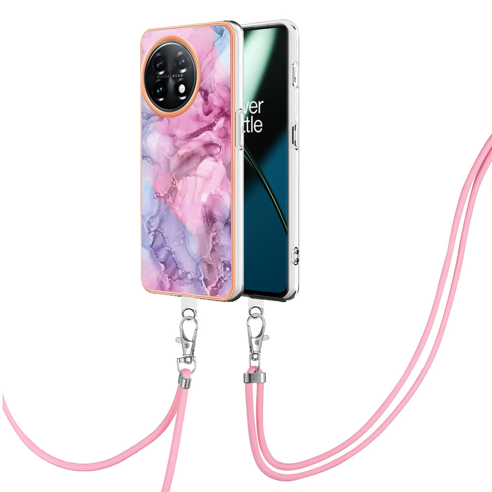 YB IMD Series-18 Style E for OnePlus 11 5G Flexible TPU Case Marble Pattern 2.0mm Electroplating Phone Cover with Lanyard