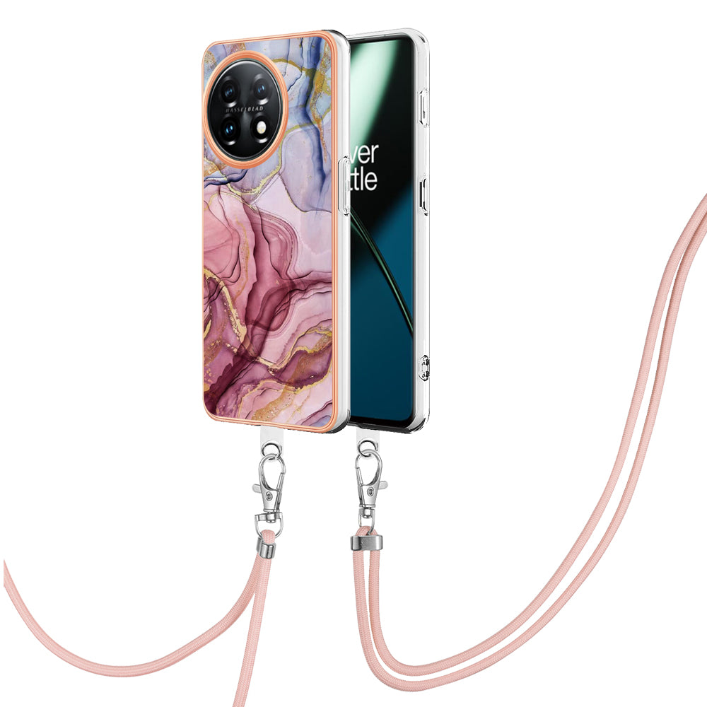 YB IMD Series-18 Style E for OnePlus 11 5G Flexible TPU Case Marble Pattern 2.0mm Electroplating Phone Cover with Lanyard